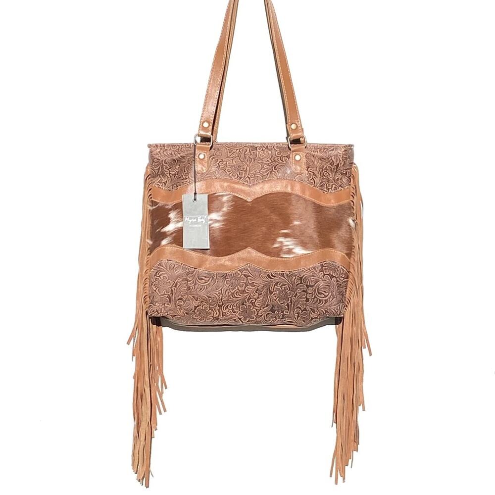 Myra Bag Tan Tooled Leather Fringe Shoulder Tote